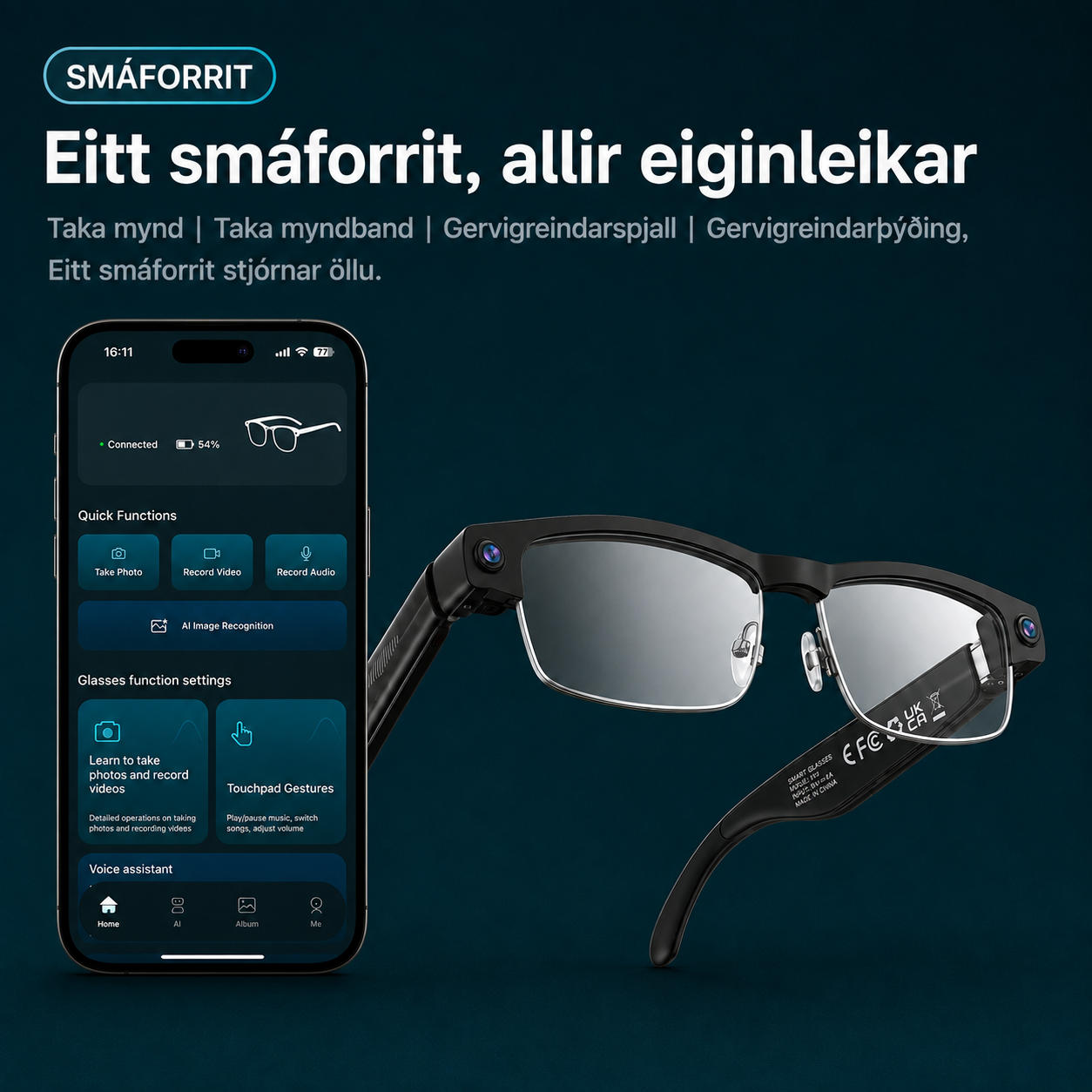 Dreamova Vista Air Black Square — AI Snjöll Gleraugu með Sjónrakningu
